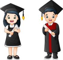 tekenfilm jongen en meisje in diploma uitreiking kostuum vector