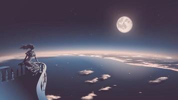 vectorillustratie van de oude godin die ontspant op het balkon en ze kijkt vanuit de hemel naar de moderne beschaving met een prachtige volle maan op de achtergrond vector