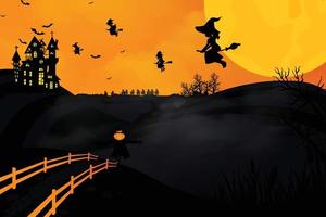 halloween scènes met de silhouet van een kasteel een gloeiend maan en dood bomen illustratie. vector