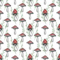 champignons hand- getrokken zwart naadloos vector patroon. vlieg agaric hand- getrokken lijn kunst naadloos vector patroon. amanita muscaria naadloos achtergrond voor afdrukken, kleding stof, textiel