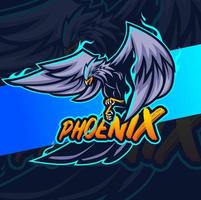 vliegend Feniks adelaar vogel met blauw brand mascotte karakter esport ontwerp voor gamer team en sport logo ontwerp vector