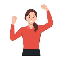 gelukkig vrouw handen omhoog vreugde en succes. verheugt werknemer vieren prestatie en zege. verheugd geslaagd persoon. vlak vector illustratie geïsoleerd Aan wit achtergrond