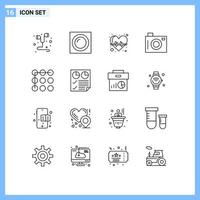 modern reeks van 16 contouren pictogram van patroon afbeelding ritme picknick camera bewerkbare vector ontwerp elementen