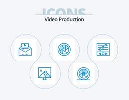 video productie blauw icoon pak 5 icoon ontwerp. camera lenzen. camera accessoires. superheld. virale video. video reclame vector