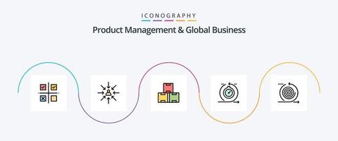 Product beheer en globaal bedrijf lijn gevulde vlak 5 icoon pak inclusief snel. fiets. focus. weerbaar. productie vector