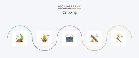 camping vlak 5 icoon pak inclusief stok brand. vlam. eerst. brand. voedsel vector