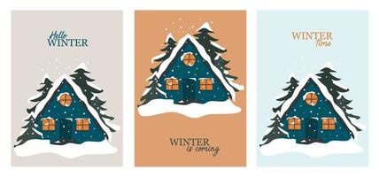 reeks van winter ansichtkaarten met driehoekig houten blauw hutten. huizen beetwen de pijnboom bomen. besneeuwd landschap in de winter. banners voor groet de verkoudheid seizoen vector