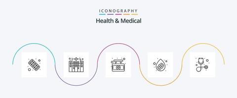 Gezondheid en medisch lijn 5 icoon pak inclusief stethoscoop. diagnose. bord. medisch. bloed vector