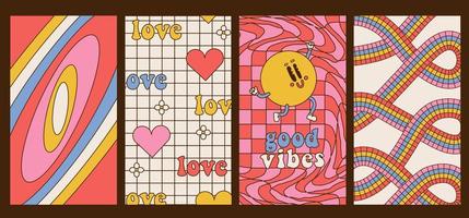 van helder groovy posters jaren 70. retro poster met psychedelisch landschappen met bloemen en paddestoelen, wijnoogst prints met grunge structuur vector