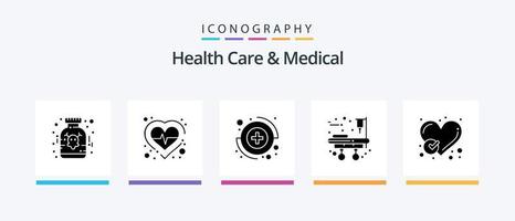 Gezondheid zorg en medisch glyph 5 icoon pak inclusief hart. gecontroleerd. vastleggen. rapport. brancard. creatief pictogrammen ontwerp vector