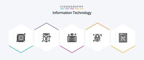 informatie technologie 25 lijn icoon pak inclusief veilig. op slot doen. schild. Wifi. paneel vector