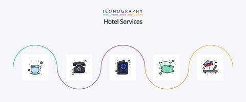 hotel Diensten lijn gevulde vlak 5 icoon pak inclusief onderhoud. zonnebank. ticket. strand. kussens vector