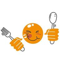 hand- getrokken tekening lekker gezicht smiley icoon heerlijk Holding vork en lepel illustratie vector