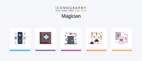 goochelaar vlak 5 icoon pak inclusief kaart. vlam. kaart. kaarsen. truc. creatief pictogrammen ontwerp vector