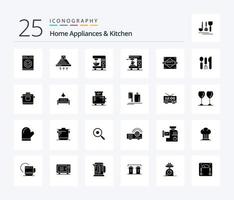 huis huishoudelijke apparaten en keuken 25 solide glyph icoon pak inclusief keuken. machine. uitlaat. huis. koffie vector