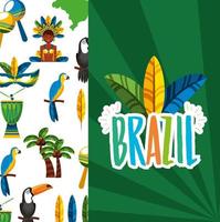 Braziliaanse carnavalviering met verenhoed en belettering vector