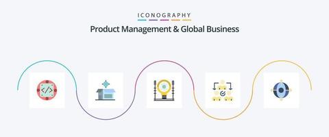 Product beheer en globaal bedrijf vlak 5 icoon pak inclusief verdeling. delegeren. Product. opdracht. generatie vector