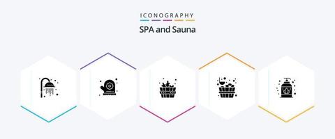 sauna 25 glyph icoon pak inclusief . . spa. zeep. vloeistof vector