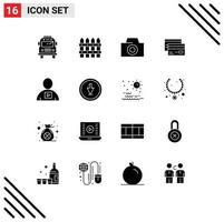 modern reeks van 16 solide glyphs pictogram van lichaam geld camera financiën kaarten bewerkbare vector ontwerp elementen