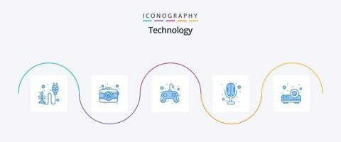 technologie blauw 5 icoon pak inclusief presentatie. geluid recorder. lens. microfoon. stootkussen vector