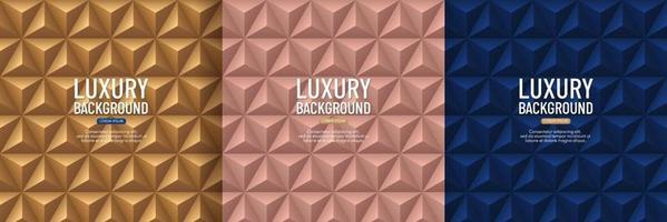 set van luxe donkerblauw, rose goud en gouden piramide 3D-patroon achtergrond. abstract geometrisch textuurontwerp. vector illustratie