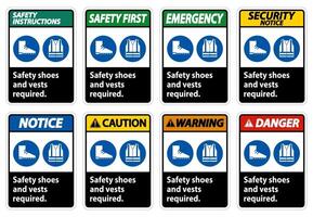veiligheidsschoenen en vest vereist met pbm-symbolen op witte achtergrond vector