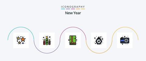 nieuw jaar lijn gevulde vlak 5 icoon pak inclusief fotografie. camera. feest. spuiten. fles vector