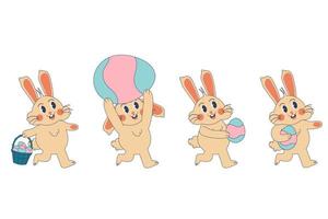 groovy hippie Pasen konijn set. retro gelukkig Pasen dag. Pasen konijn karakter in modieus retro Jaren 60 jaren 70 tekenfilm stijl. retro karakters. vector