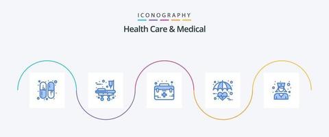 Gezondheid zorg en medisch blauw 5 icoon pak inclusief verpleegster. hart. eerst. zorg. verzekering vector