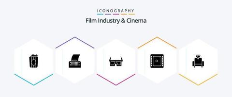 cenima 25 glyph icoon pak inclusief media. bioscoop. d bril. cinematografie. cienma plakband vector