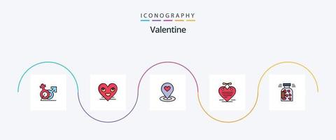 Valentijn lijn gevulde vlak 5 icoon pak inclusief kalender. hart. gezicht. hart. plaats vinder vector