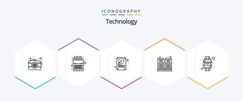 technologie 25 lijn icoon pak inclusief slim pols. e-mail. gegevens. spreker. muziek- vector