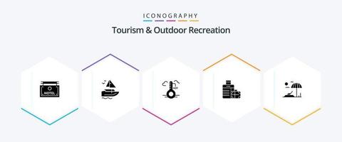 toerisme en buitenshuis recreatie 25 glyph icoon pak inclusief zonnebank. hotel. temperatuur. handtas. bagage vector