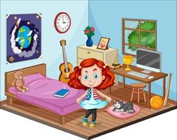 deel van slaapkamer van kinderscène met een meisje in cartoonstijl