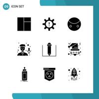 modern reeks van 9 solide glyphs pictogram van Kerstmis potlood teken opnemer mic bewerkbare vector ontwerp elementen