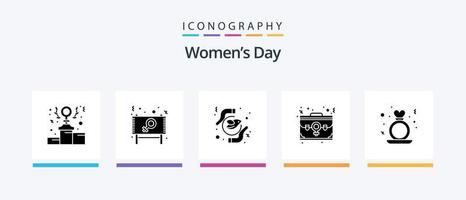 vrouwen dag glyph 5 icoon pak inclusief kantoor. geval. teken. tas. vrede. creatief pictogrammen ontwerp vector