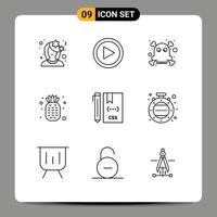 universeel icoon symbolen groep van 9 modern contouren van css code gebruiker ananas voedsel bewerkbare vector ontwerp elementen