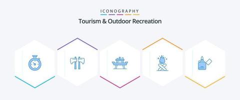 toerisme en buitenshuis recreatie 25 blauw icoon pak inclusief brand. camping. bank. kampvuur. picknick vector