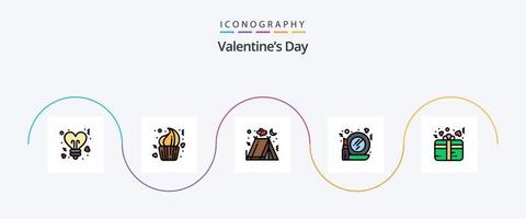 valentijnsdag dag lijn gevulde vlak 5 icoon pak inclusief geschenk. spiegel. nagerecht. maken. tent vector