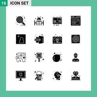 16 solide glyph concept voor websites mobiel en apps deur toevoegen computer camera bladzijde bewerkbare vector ontwerp elementen
