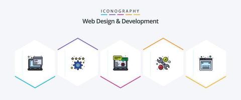 web ontwerp en ontwikkeling 25 gevulde lijn icoon pak inclusief ontwikkeling. moersleutel. browser. hulpmiddel. vector