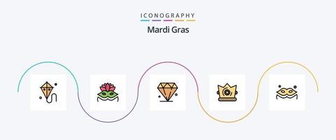 mardi gras lijn gevulde vlak 5 icoon pak inclusief . masker. juweel. kostuum. koning vector