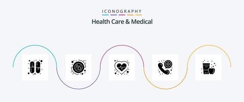 Gezondheid zorg en medisch glyph 5 icoon pak inclusief drankje. appel. hart. telefoon. communicatie vector