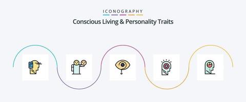 bewust leven en persoonlijkheid eigenschappen lijn gevulde vlak 5 icoon pak inclusief hoed. licht. gezondheidszorg. idee. kennis vector