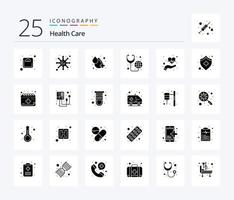 Gezondheid zorg 25 solide glyph icoon pak inclusief handen. stethoscoop. bloed. medisch. globaal Gezondheid vector