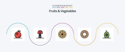 fruit en groenten lijn gevulde vlak 5 icoon pak inclusief . groente. vruchten. avocado vector