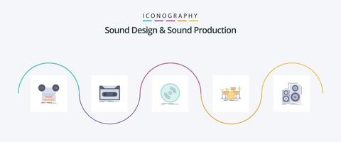 geluid ontwerp en geluid productie vlak 5 icoon pak inclusief instrument. trommel. plakband. vinyl. fonograaf vector