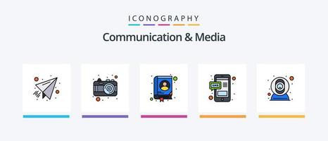 communicatie en media lijn gevulde 5 icoon pak inclusief . brief. team. laptop. zoeken. creatief pictogrammen ontwerp vector