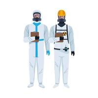 werknemers die bioveiligheidskostuums dragen vector