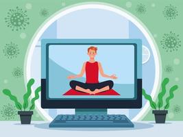 man die online yoga beoefent voor quarantaine vector